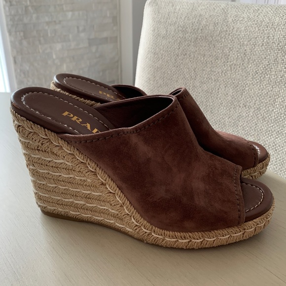 Prada Shoes - New PRADA brown suede wedge sandal espadrille mule